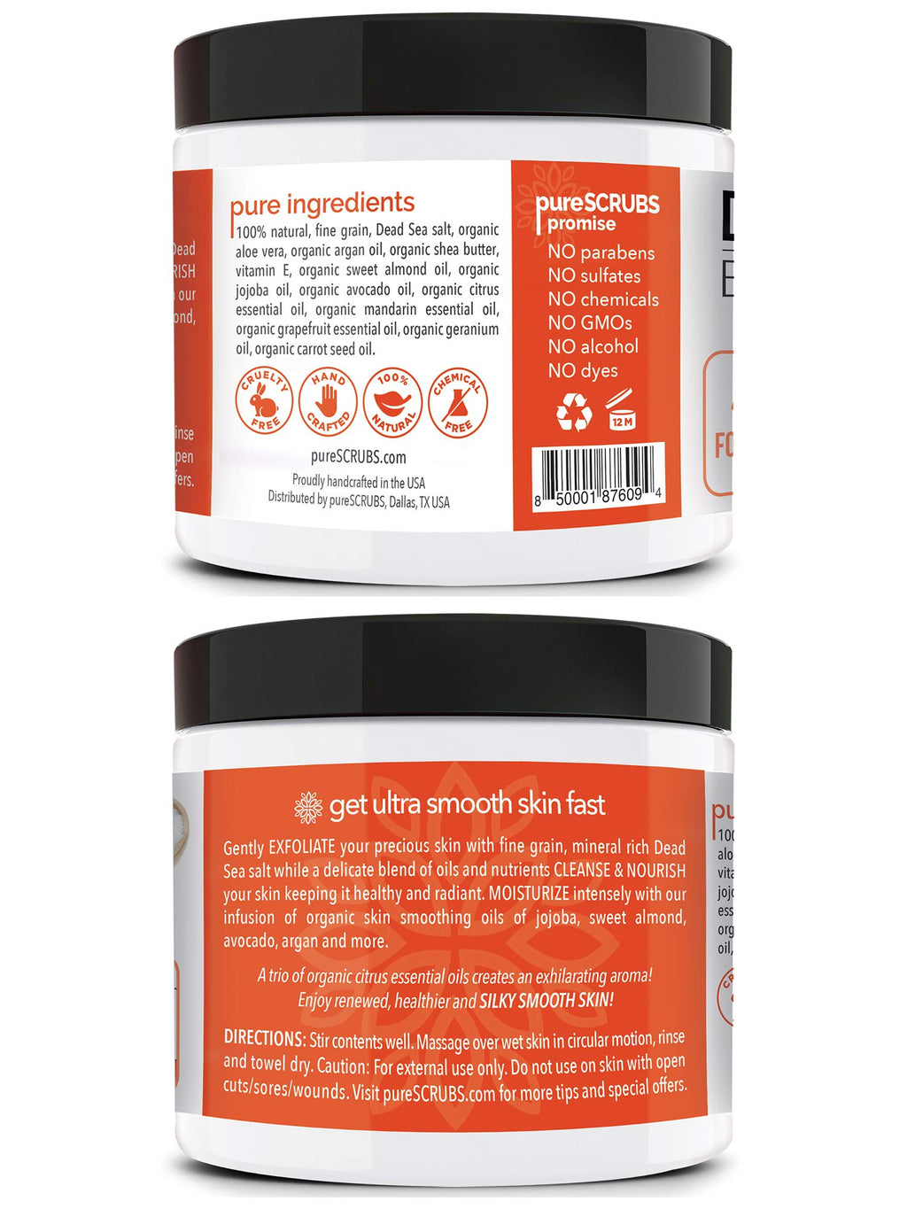 pureSCRUBS Premium Citrus Body Scrub Set – 16oz Dead Sea Salt, Essential Oils, Wooden Spoon & Loofah