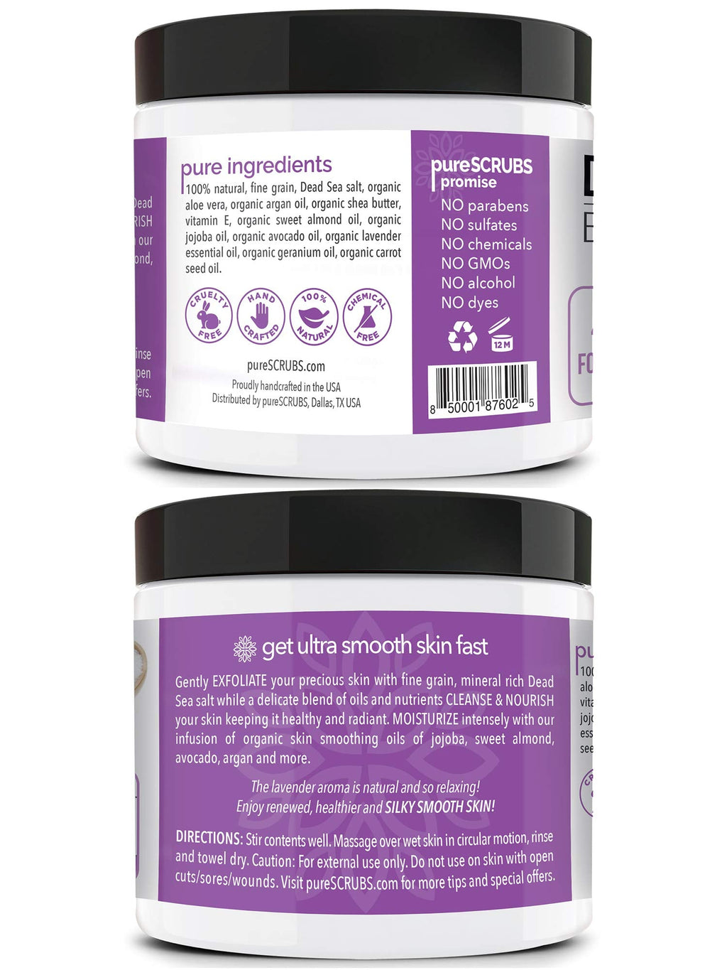 PureSCRUBS Premium Lavender Body Scrub Set – 16oz Dead Sea Salt Exfoliant with Essential Oils + Bonus Accessories