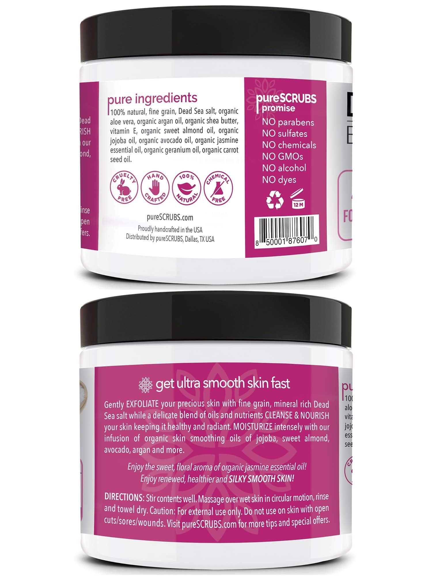 pureSCRUBS Premium Jasmine Body Scrub Set - 16oz Dead Sea Salt Exfoliant with Three Bonus Accessories