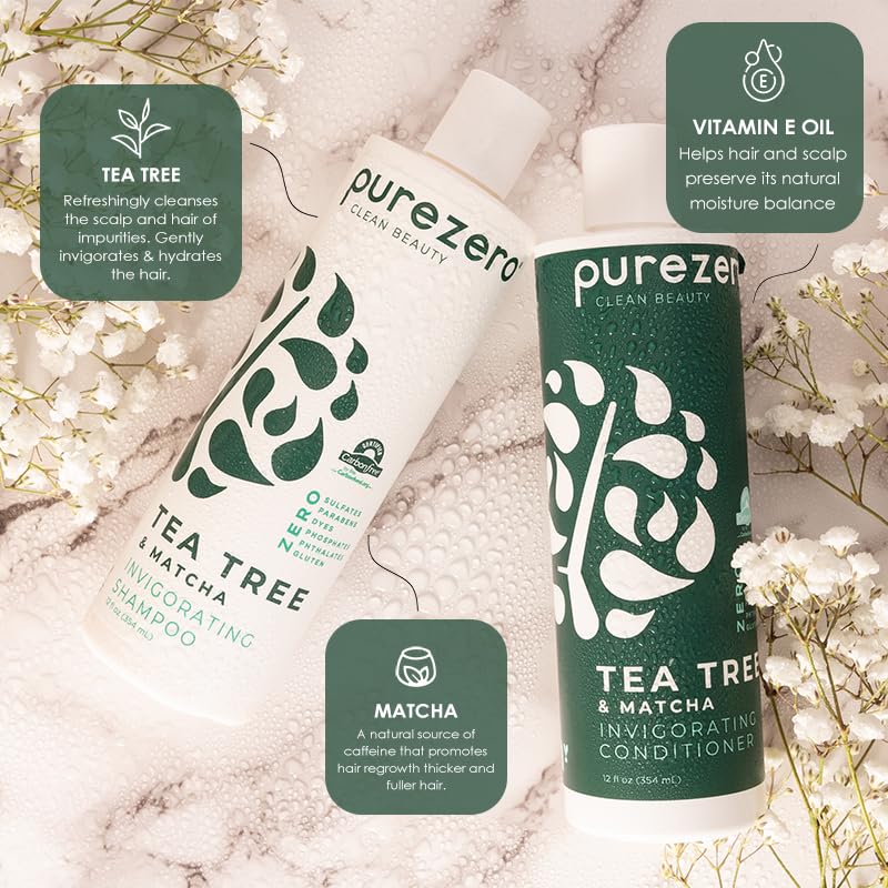 Purezero Tea Tree & Matcha Shampoo + Conditioner Set – Invigorating Scalp Care, Zero Sulfates