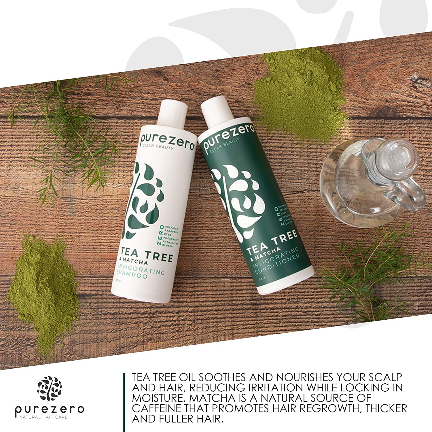 Purezero Tea Tree & Matcha Shampoo + Conditioner Set – Nourishing Scalp Care (20 oz)