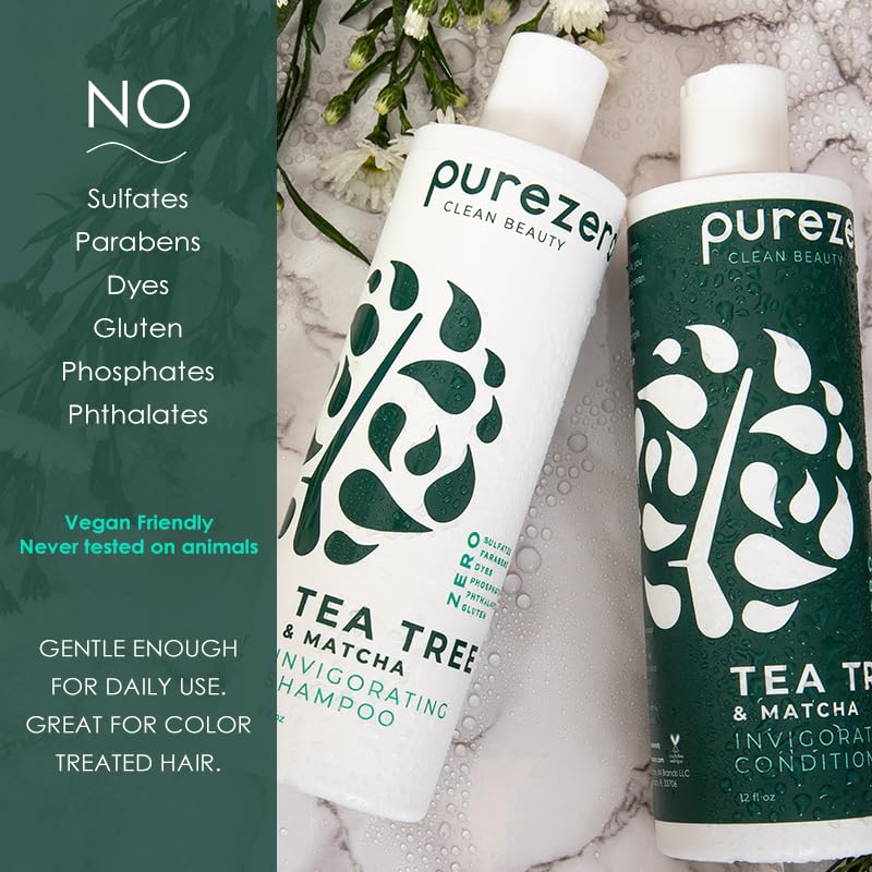 Purezero Tea Tree & Matcha Shampoo + Conditioner Set – Invigorating Scalp Care, Zero Sulfates