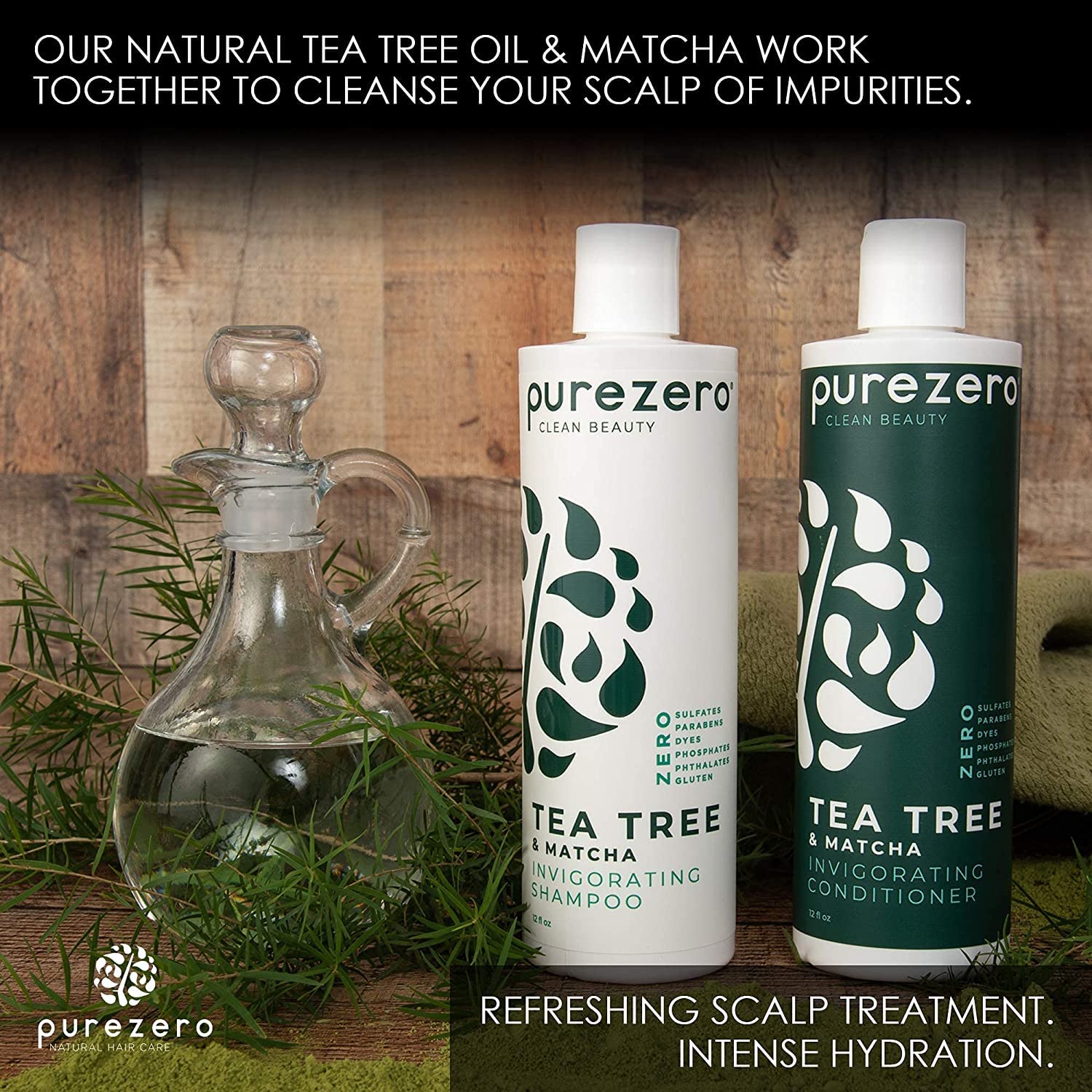 Purezero Tea Tree & Matcha Shampoo + Conditioner Set – Nourishing Scalp Care (20 oz)