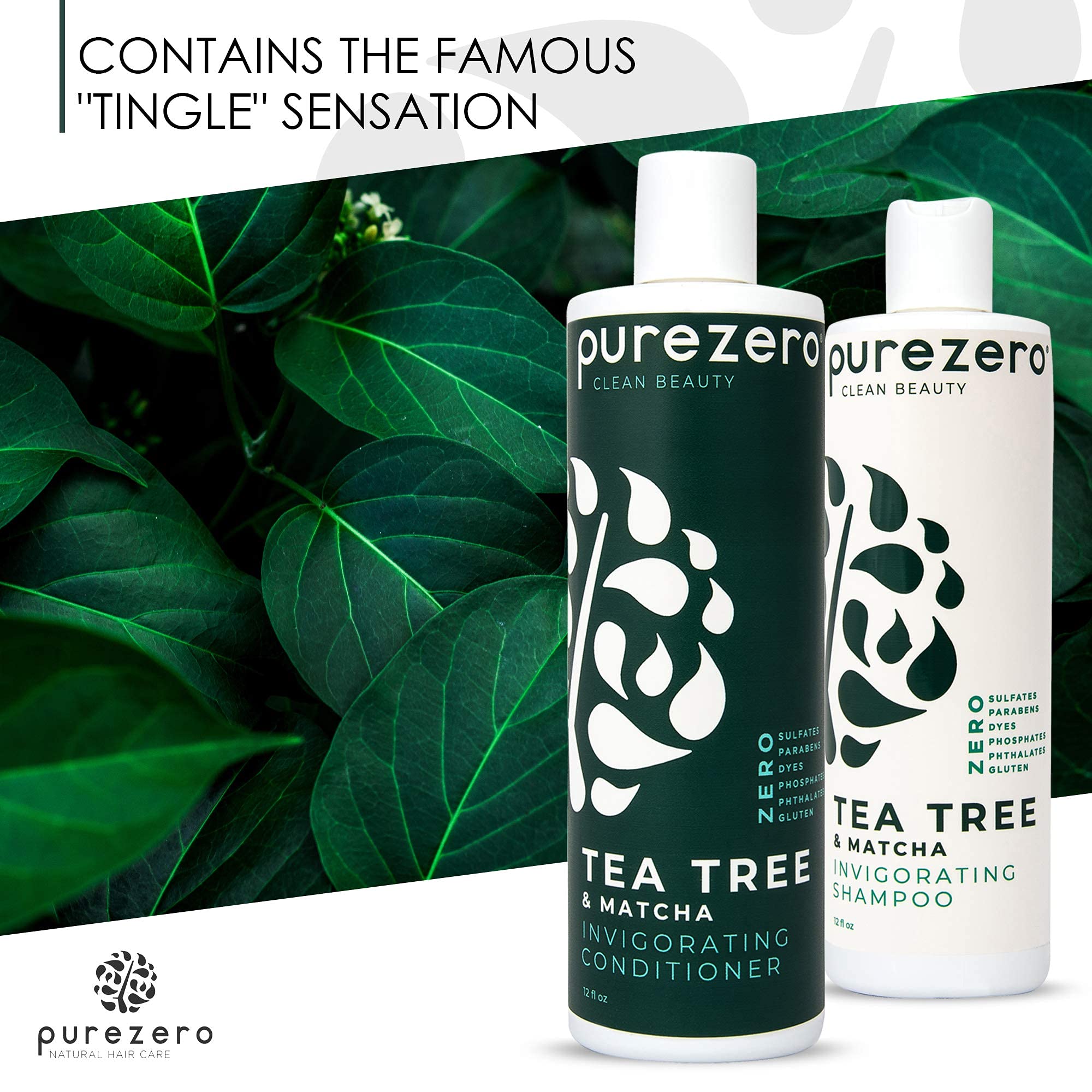Purezero Tea Tree & Matcha Shampoo + Conditioner Set – Invigorating Scalp Care, Zero Sulfates