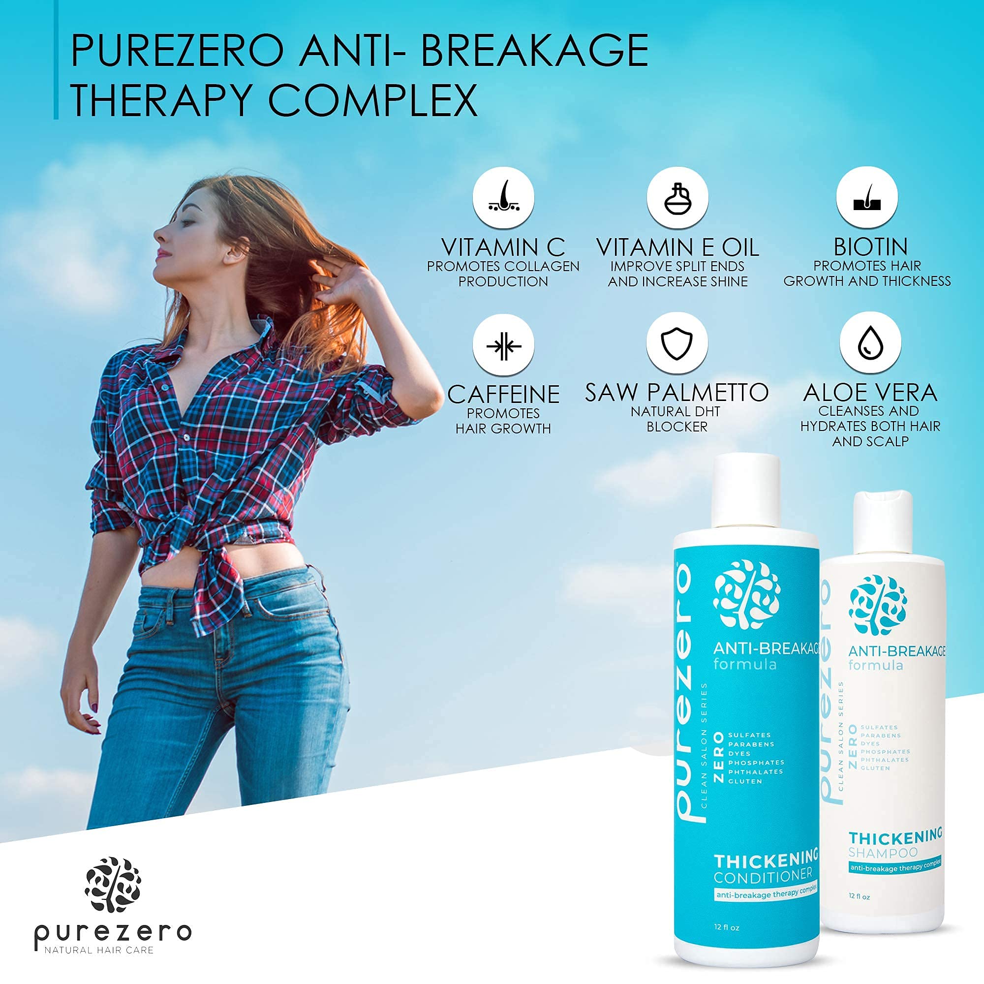 Purezero Anti-Breakage & Thickening Shampoo & Conditioner Set – For Hair Loss & Thinning (24 oz, Vegan, Cruelty-Free, Color Safe)