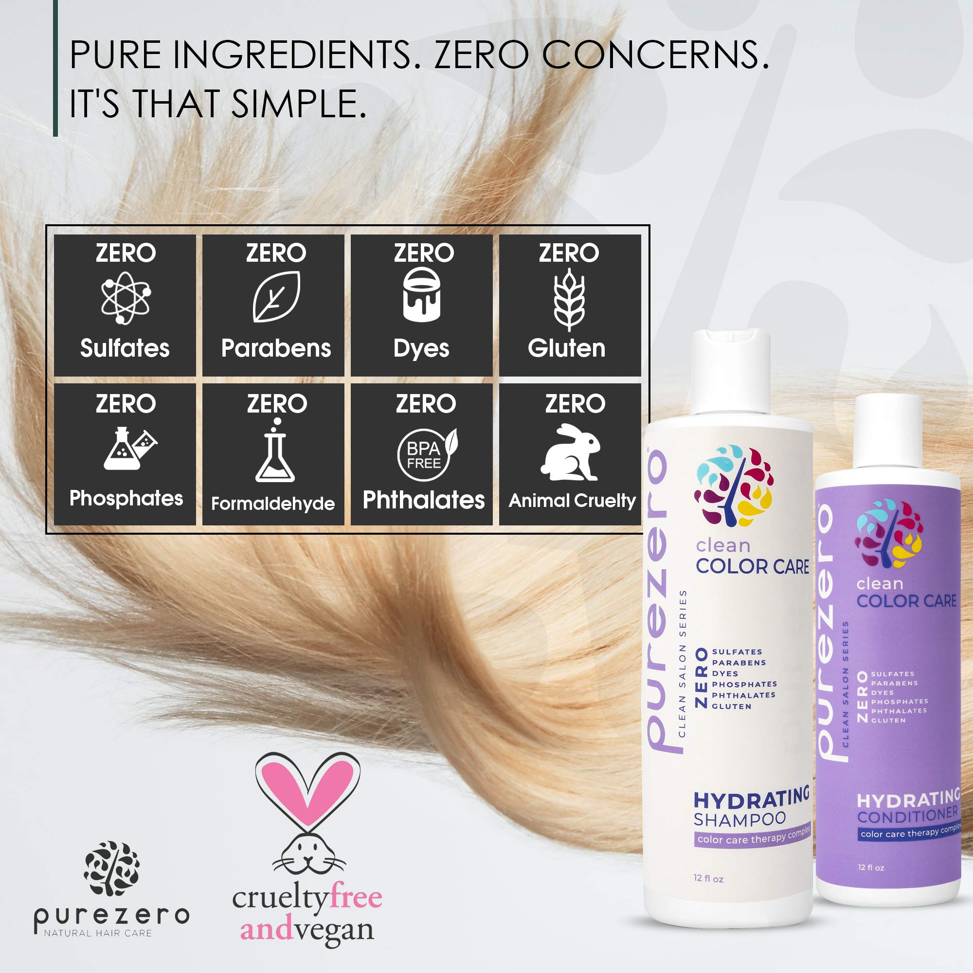 Purezero Clean Color Care Hydrating Shampoo & Conditioner Set | Color Safe, Sulfate-Free