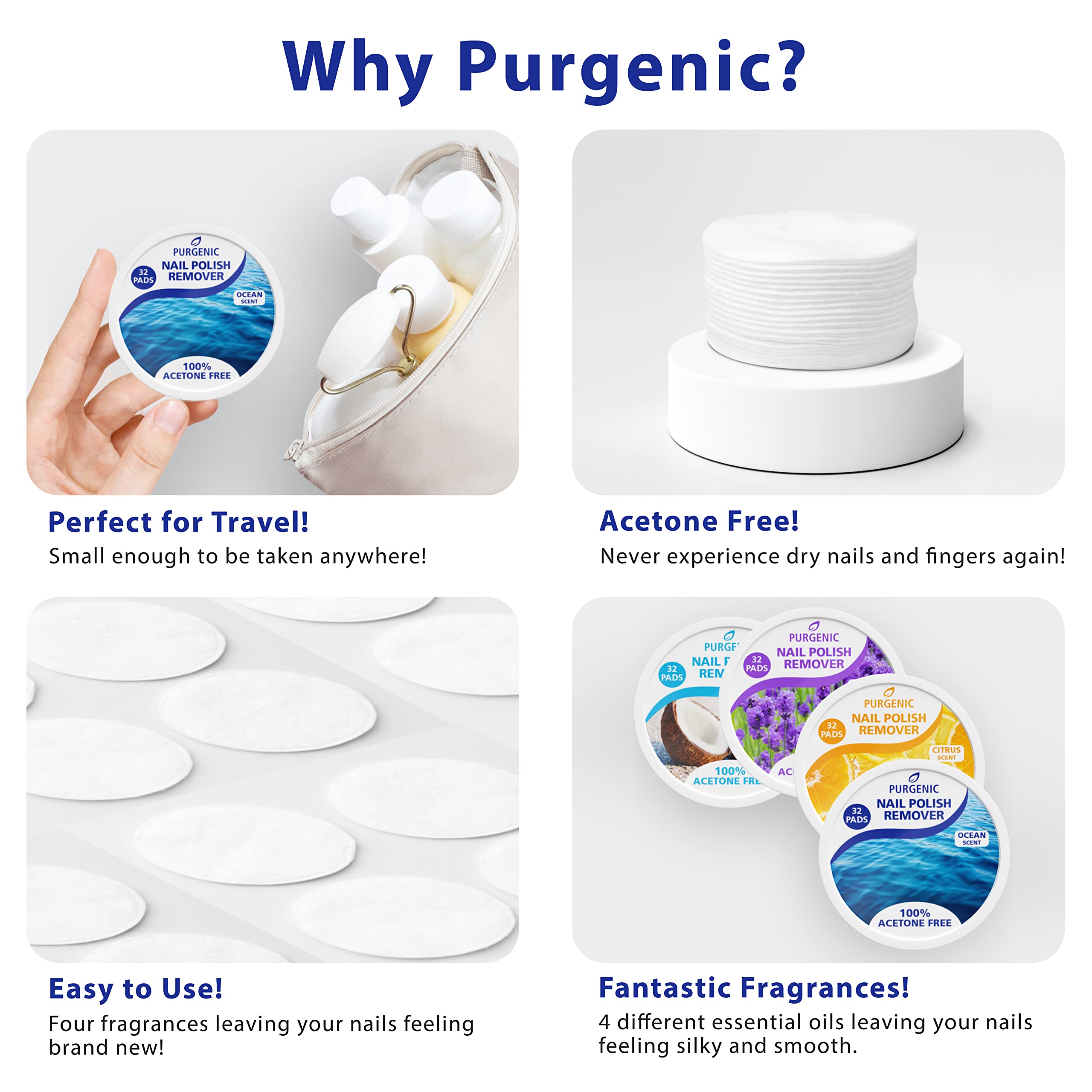 Purgenic Nail Polish Remover Pads – 256 Count, All-Natural, Acetone- and Acetate-Free, On-the-Go & Travel, Lint-Free Wipes