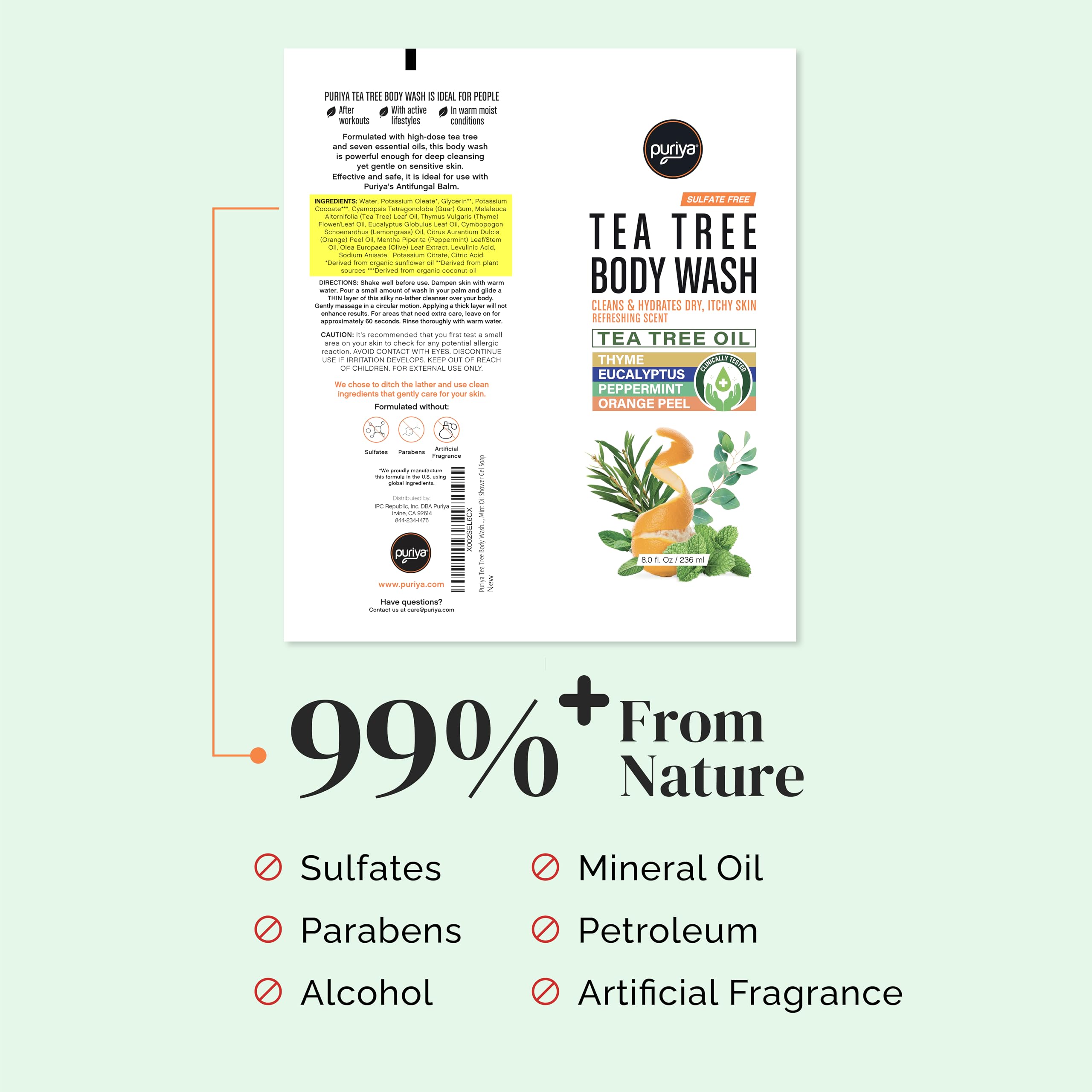 Puriya Tea Tree Body Wash – Gentle, Hydrating Cleanser for Sensitive Skin & Body Acne