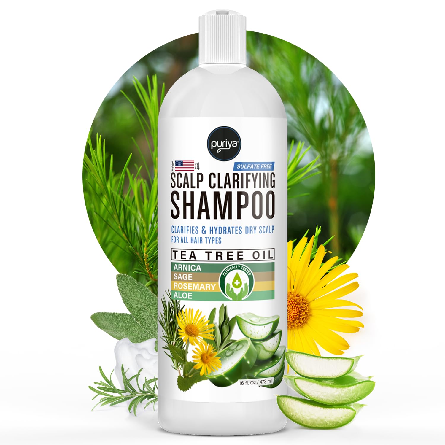 Puriya Tea Tree Clarifying Shampoo – Plant-Powered Dry Scalp Relief, Sulfate Free, 16 oz