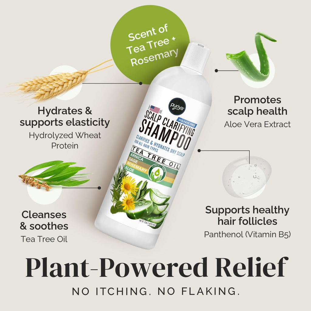 Puriya Tea Tree Clarifying Shampoo – Plant-Powered Dry Scalp Relief, Sulfate Free, 16 oz