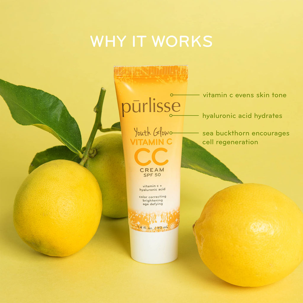 purlisse Youth Glow Vitamin C CC Cream SPF 50 - Light | Paraben-Free, Sea Buckthorn & Hyaluronic Acid