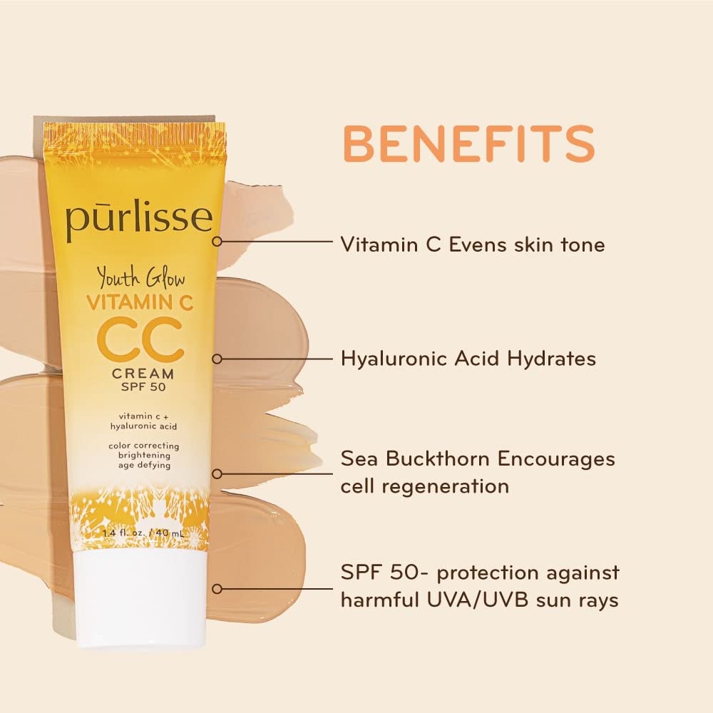 purlisse Youth Glow Vitamin C CC Cream SPF 50 - Light | Paraben-Free, Sea Buckthorn & Hyaluronic Acid