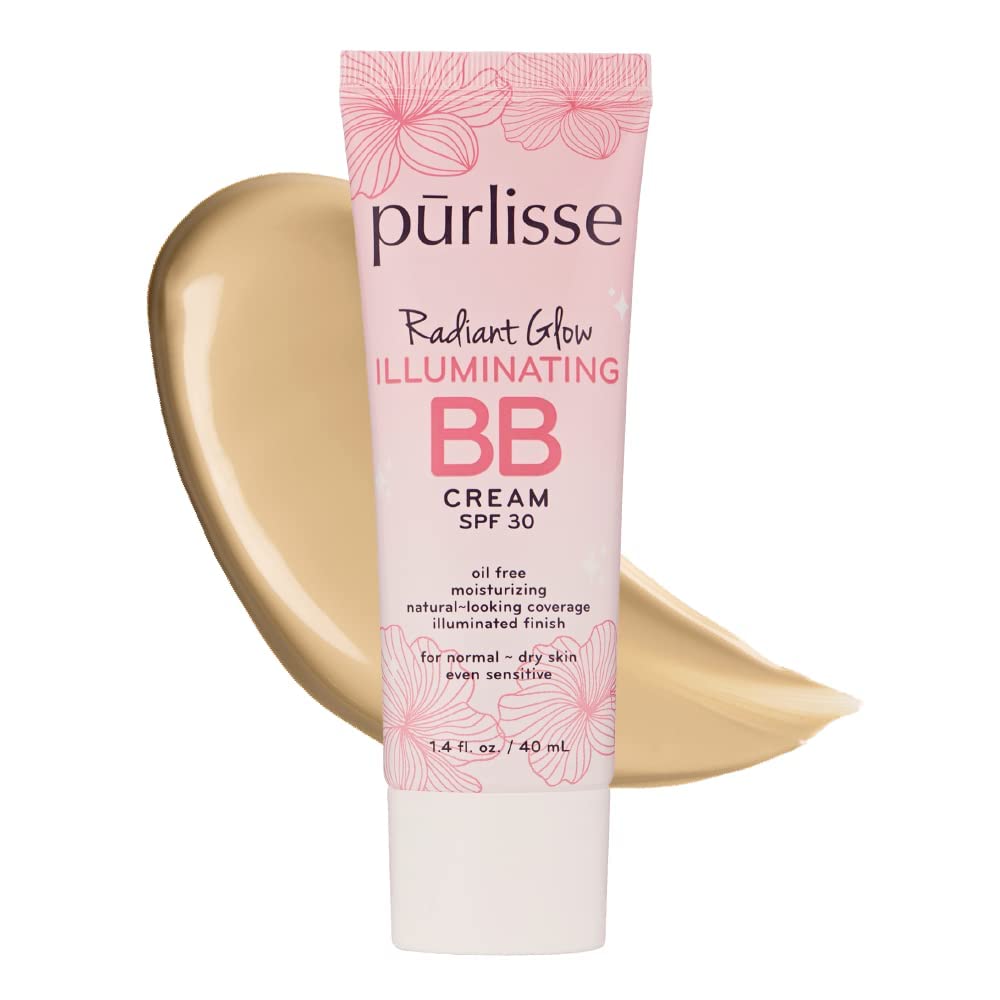 Pūrlisse Radiant Glow Illuminating BB Cream SPF 30 – Goji & Hawthorn Berry for Dewy Skin, Light Medium (1.4 oz)
