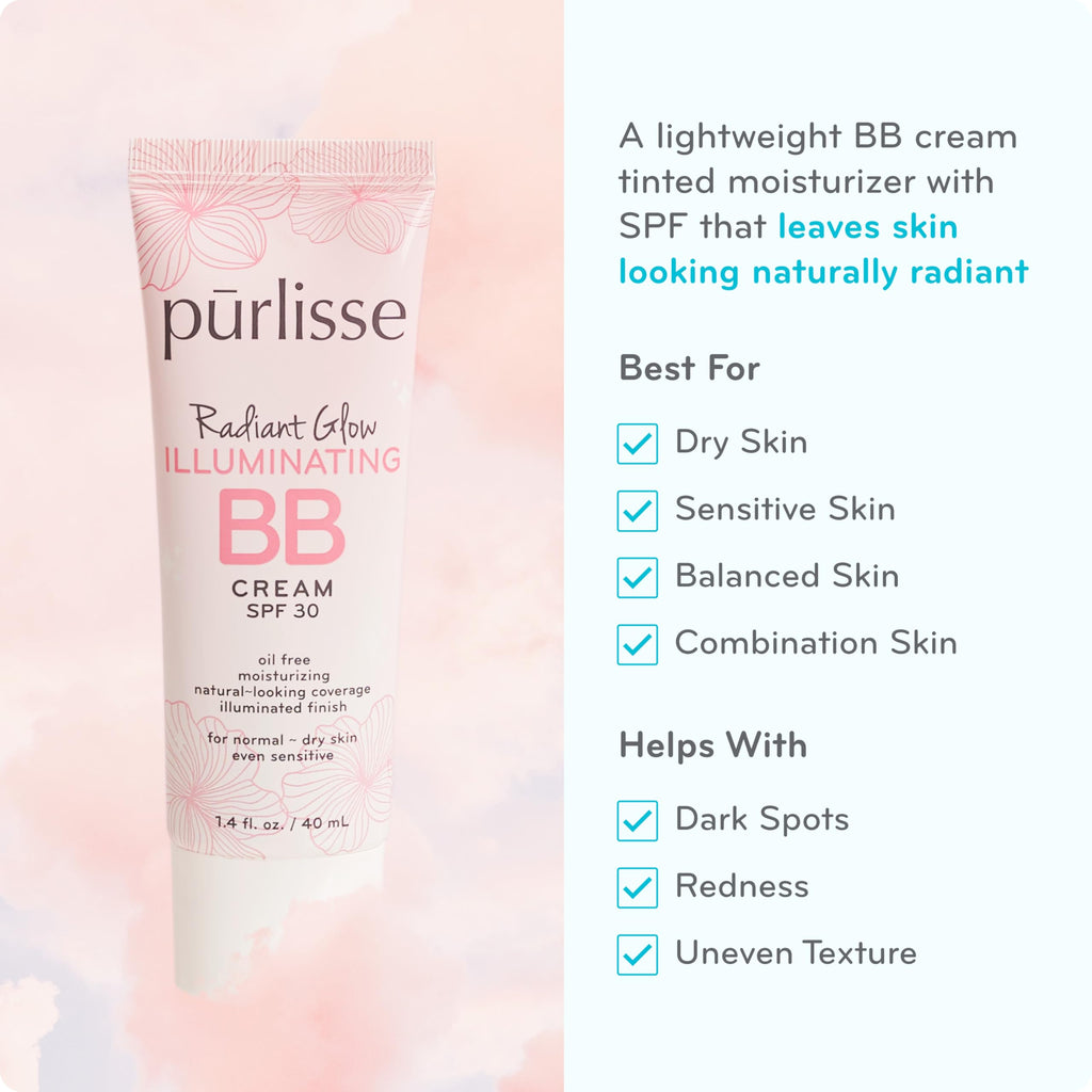 Pūrlisse Radiant Glow Illuminating BB Cream SPF 30 – Goji & Hawthorn Berry for Dewy Skin, Light Medium (1.4 oz)