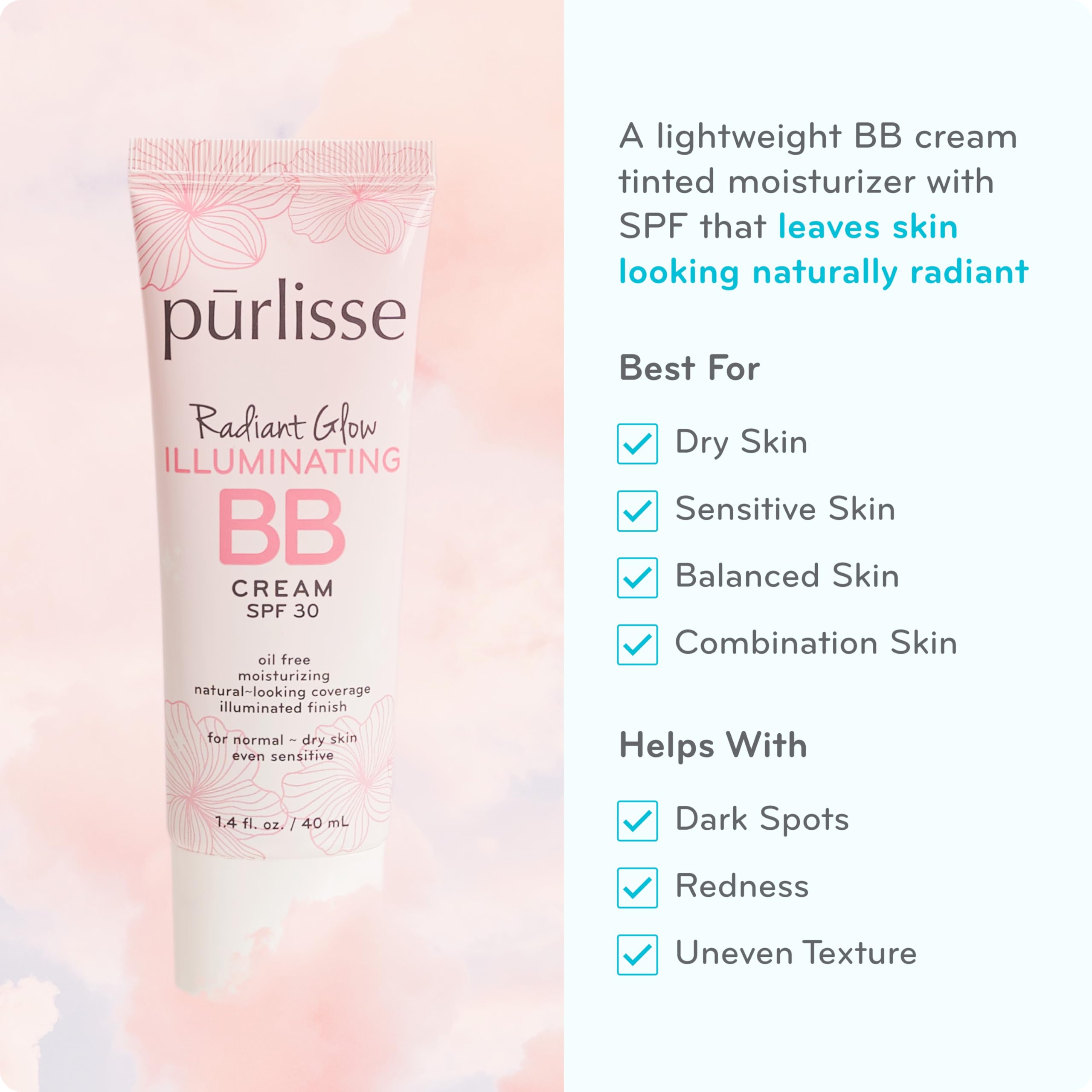 Pūrlisse Radiant Glow Illuminating BB Cream SPF 30 – Goji & Hawthorn Berry for Dewy Skin, Light Medium (1.4 oz)