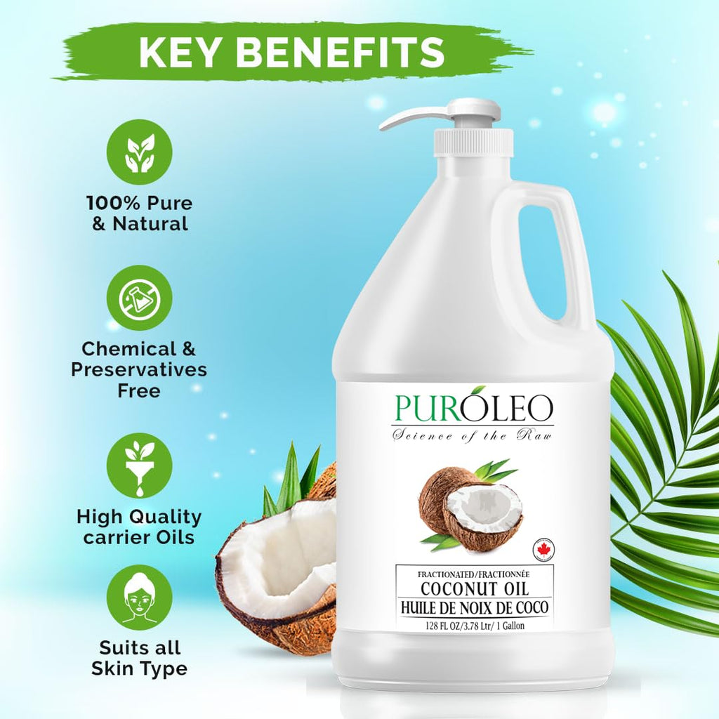 PURÓLEO Fractionated Coconut Oil 128oz (3784 ml) – Odorless Carrier Oil for Skin, Hair & Massage