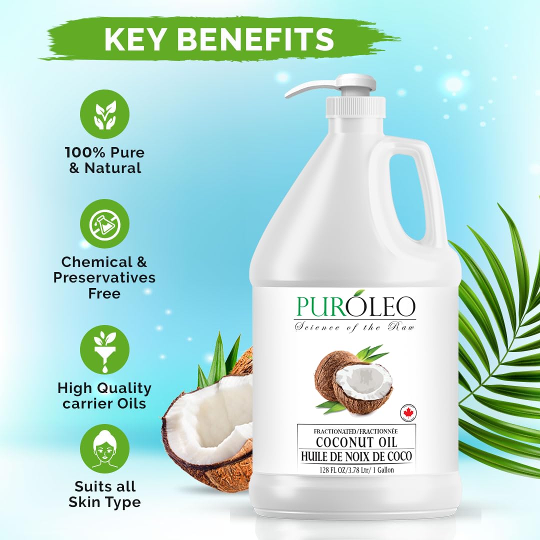 PURÓLEO Fractionated Coconut Oil 128oz (3784 ml) – Odorless Carrier Oil for Skin, Hair & Massage