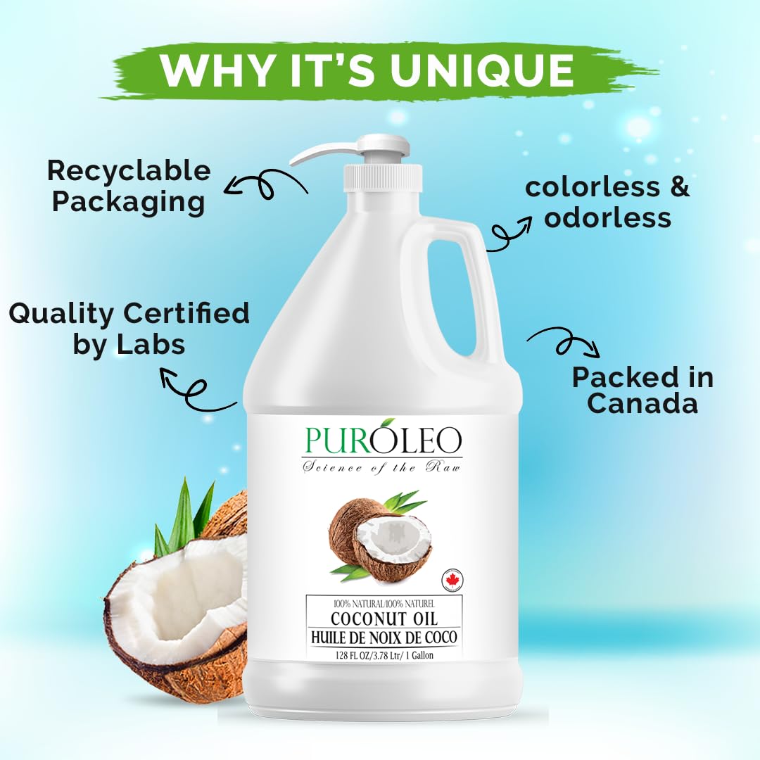 PURÓLEO Fractionated Coconut Oil 128oz (3784 ml) – Odorless Carrier Oil for Skin, Hair & Massage