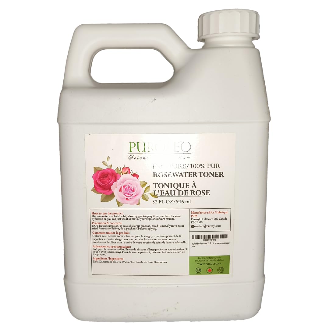 PURÓLEO Rose Water 32oz / 946ml – Pure & Natural Facial Mist, Toner, and Makeup Setting Spray | Packed in Canada