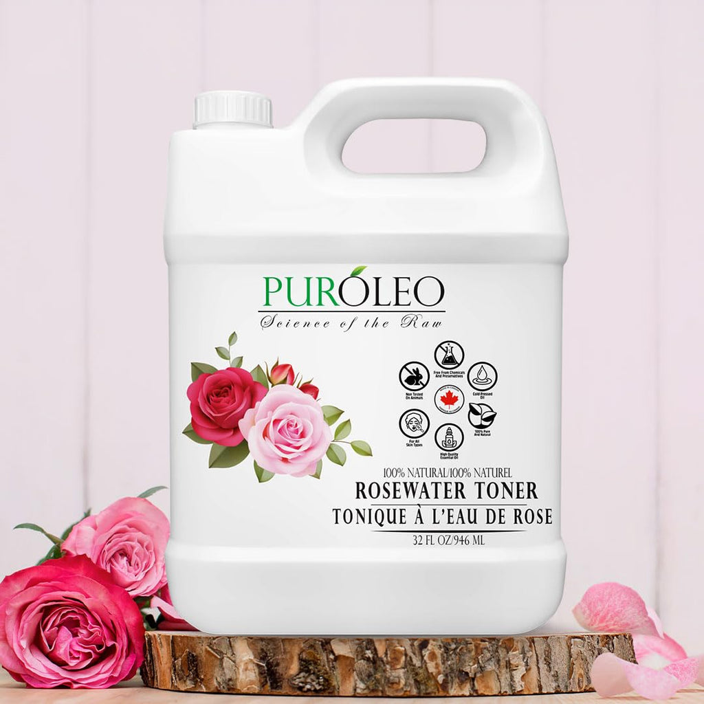 PURÓLEO Rose Water 32oz / 946ml – Pure & Natural Facial Mist, Toner, and Makeup Setting Spray | Packed in Canada