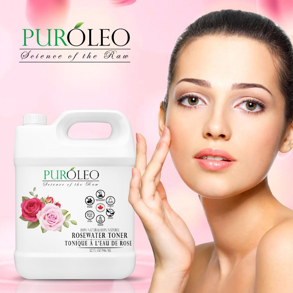 PURÓLEO Rose Water 32oz / 946ml – Pure & Natural Facial Mist, Toner, and Makeup Setting Spray | Packed in Canada