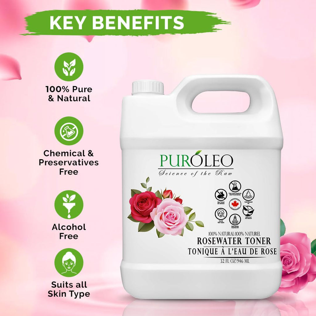PURÓLEO Rose Water 32oz / 946ml – Pure & Natural Facial Mist, Toner, and Makeup Setting Spray | Packed in Canada