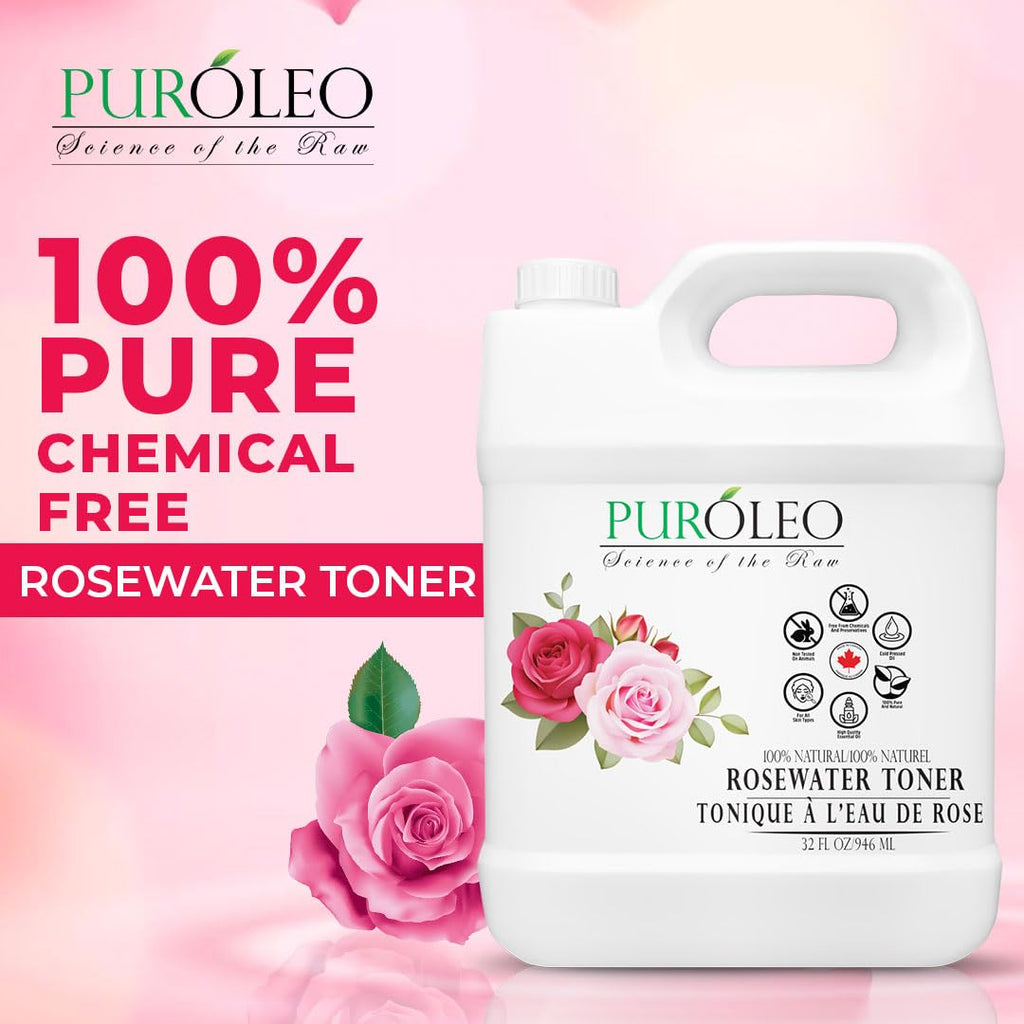PURÓLEO Rose Water 32oz / 946ml – Pure & Natural Facial Mist, Toner, and Makeup Setting Spray | Packed in Canada