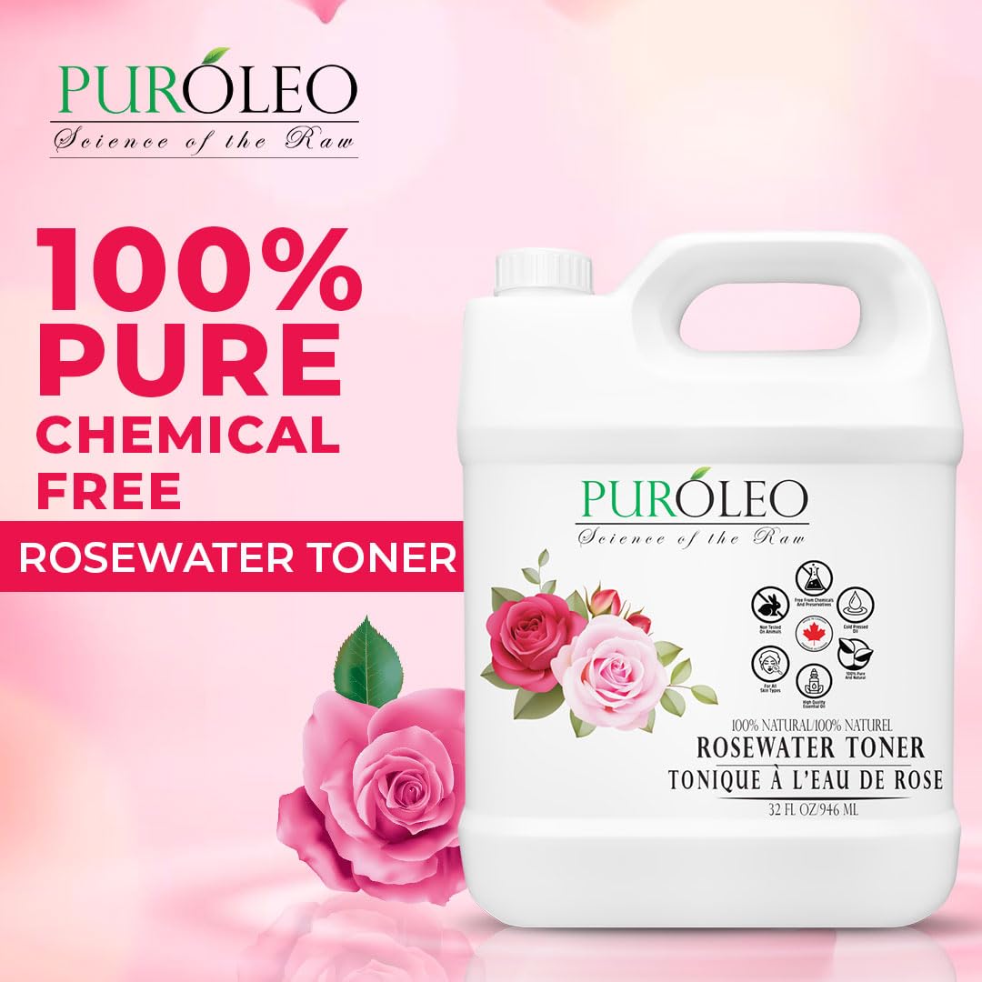 PURÓLEO Rose Water 32oz / 946ml – Pure & Natural Facial Mist, Toner, and Makeup Setting Spray | Packed in Canada