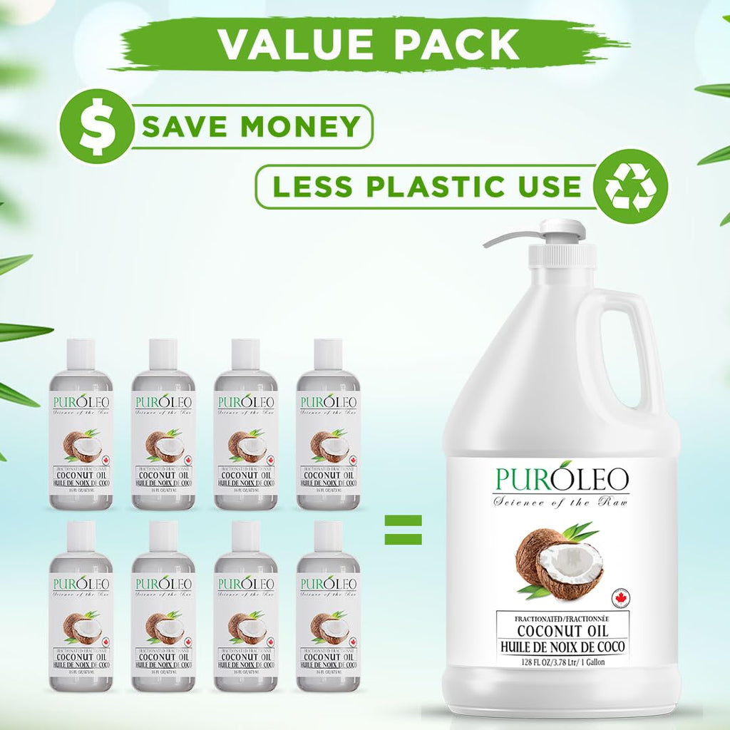 PURÓLEO Fractionated Coconut Oil 128oz (3784 ml) – Odorless Carrier Oil for Skin, Hair & Massage