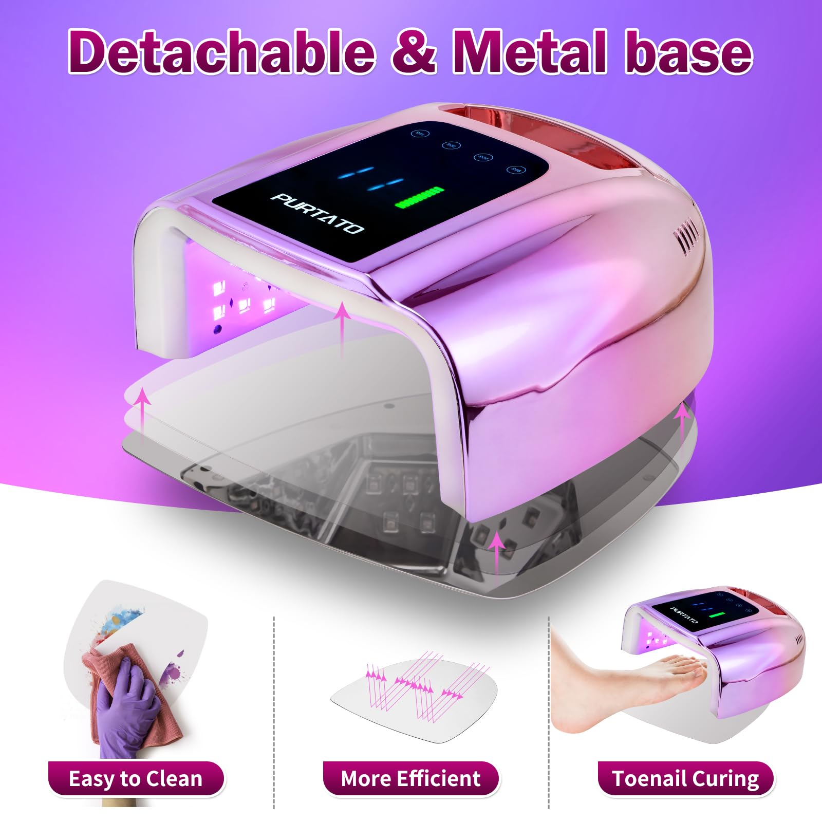 Purtato Professional Rechargeable 96W UV LED Nail Lamp – Cordless, 4 Timers, Smart Sensor, Gradient Purple