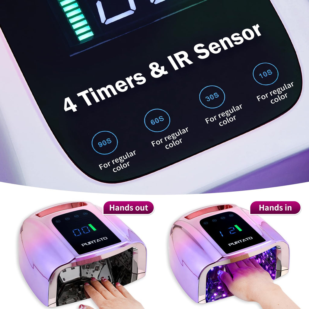 Purtato Professional Rechargeable 96W UV LED Nail Lamp – Cordless, 4 Timers, Smart Sensor, Gradient Purple