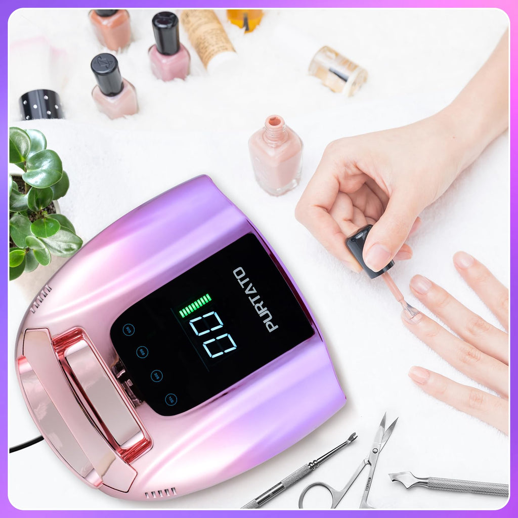 Purtato Professional Rechargeable 96W UV LED Nail Lamp – Cordless, 4 Timers, Smart Sensor, Gradient Purple