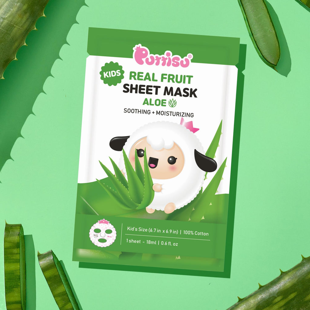 Puttisu Real Fruit Facial Mask Sheet for Kids – Aloe, 100% Cotton, Moisturizing (Pack of 7)