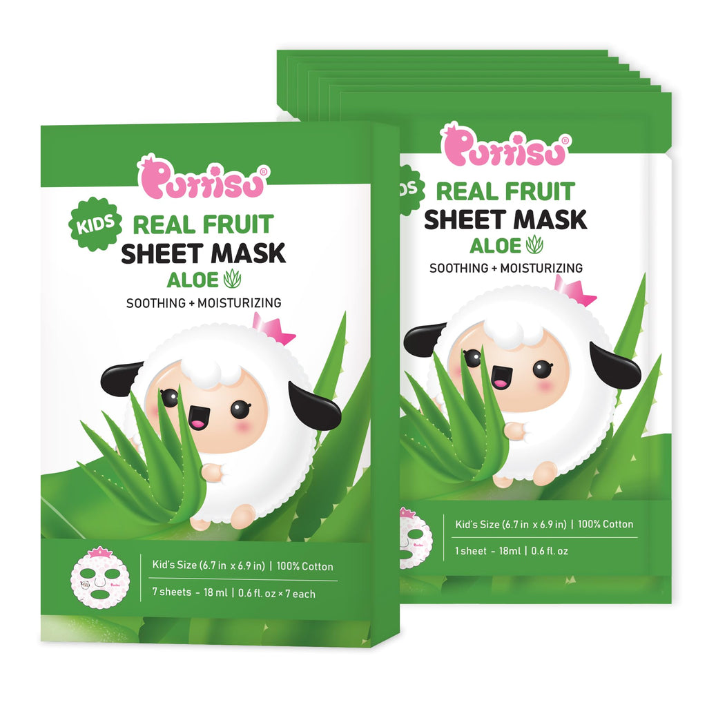 Puttisu Real Fruit Facial Mask Sheet for Kids – Aloe, 100% Cotton, Moisturizing (Pack of 7)