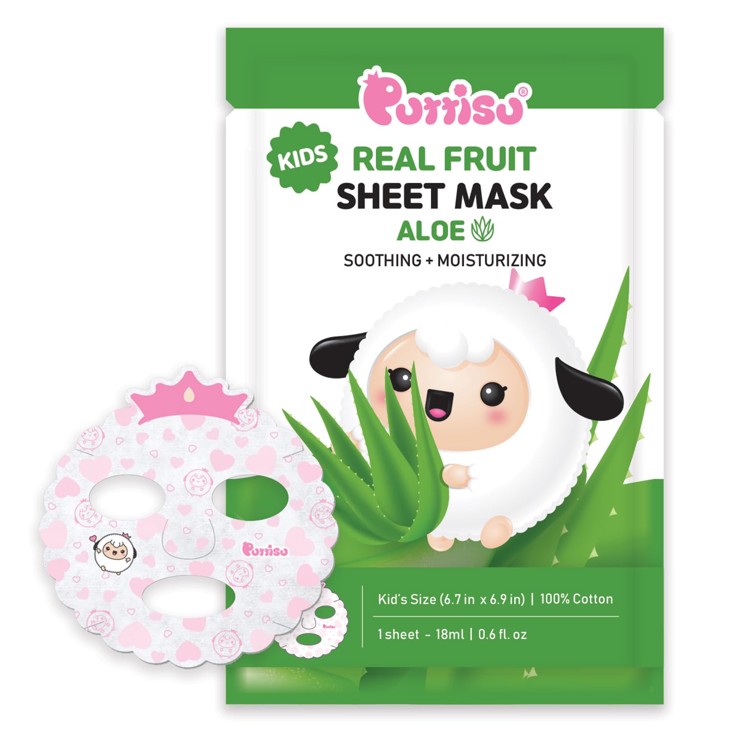 Puttisu Real Fruit Facial Mask Sheet for Kids – Aloe, 100% Cotton, Moisturizing (Pack of 7)