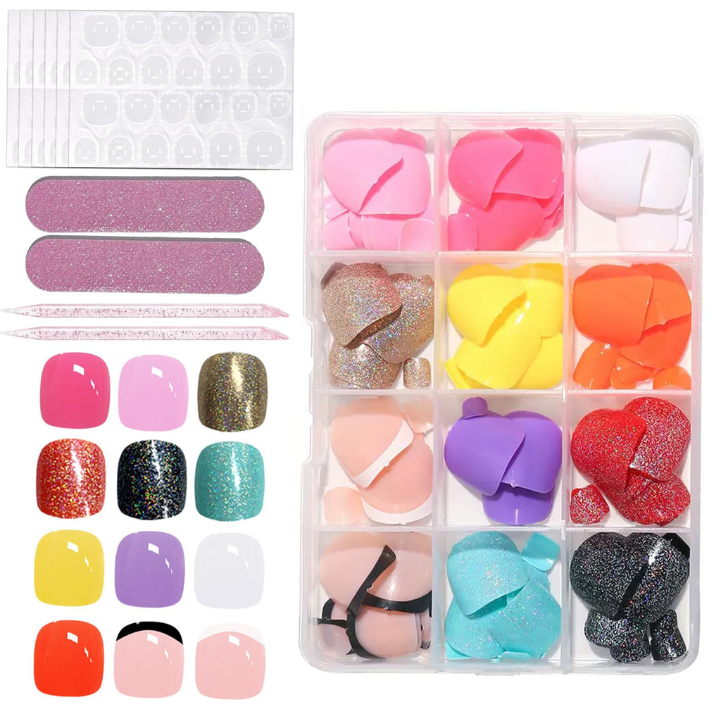 Puyokinm 288Pcs Press-On Toenails Set – 12-Color Short Glitter Glue-On Nails (Glossy Finish)