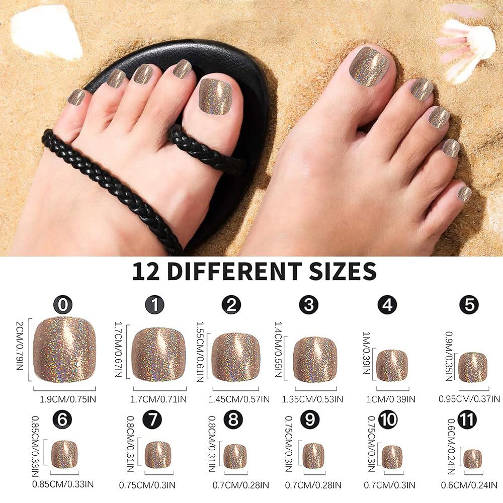 Puyokinm 288Pcs Press-On Toenails Set – 12-Color Short Glitter Glue-On Nails (Glossy Finish)