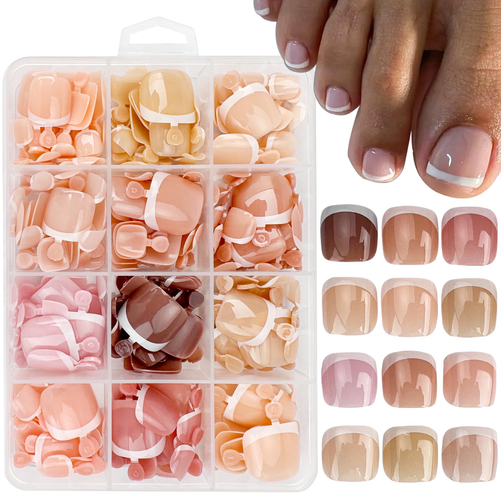 Puyokinm 288pcs French Tip Toe Nails – Short Square, Glue-On, 12-Color 12-Pack Set