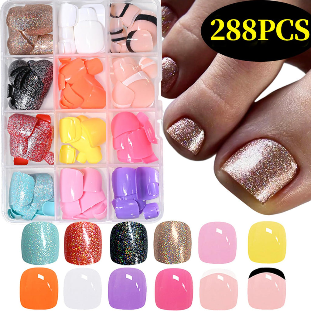 Puyokinm 288Pcs Press-On Toenails Set – 12-Color Short Glitter Glue-On Nails (Glossy Finish)