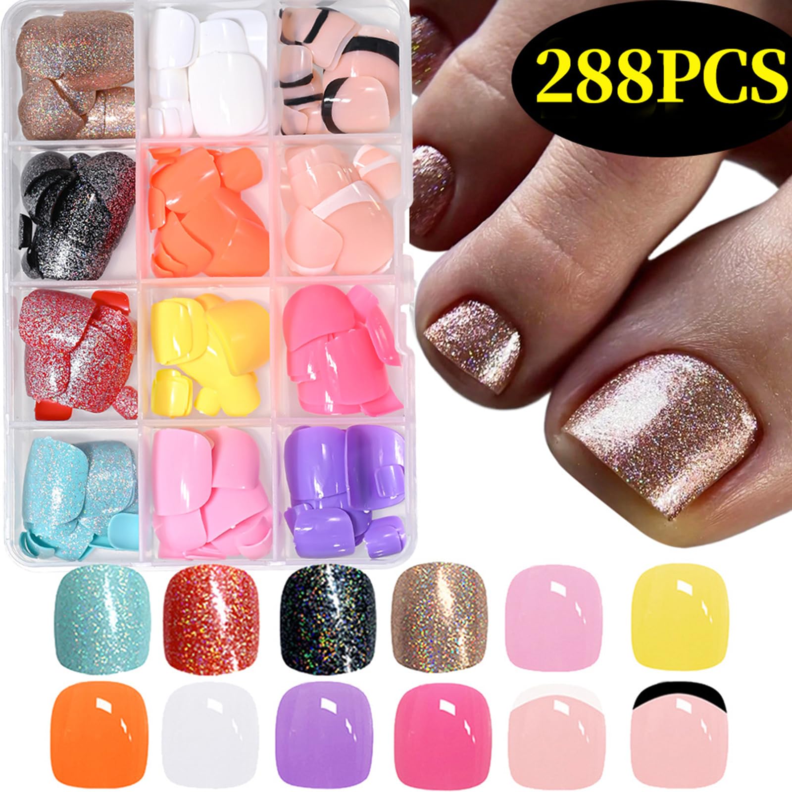 Puyokinm 288Pcs Press-On Toenails Set – 12-Color Short Glitter Glue-On Nails (Glossy Finish)