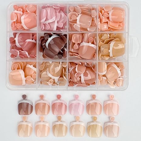 Puyokinm 288pcs French Tip Toe Nails – Short Square, Glue-On, 12-Color 12-Pack Set