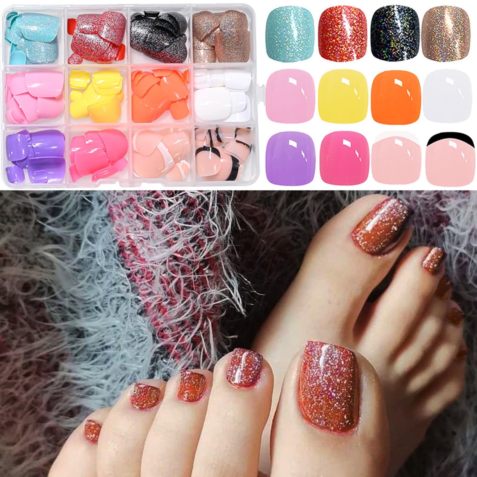 Puyokinm 288Pcs Press-On Toenails Set – 12-Color Short Glitter Glue-On Nails (Glossy Finish)