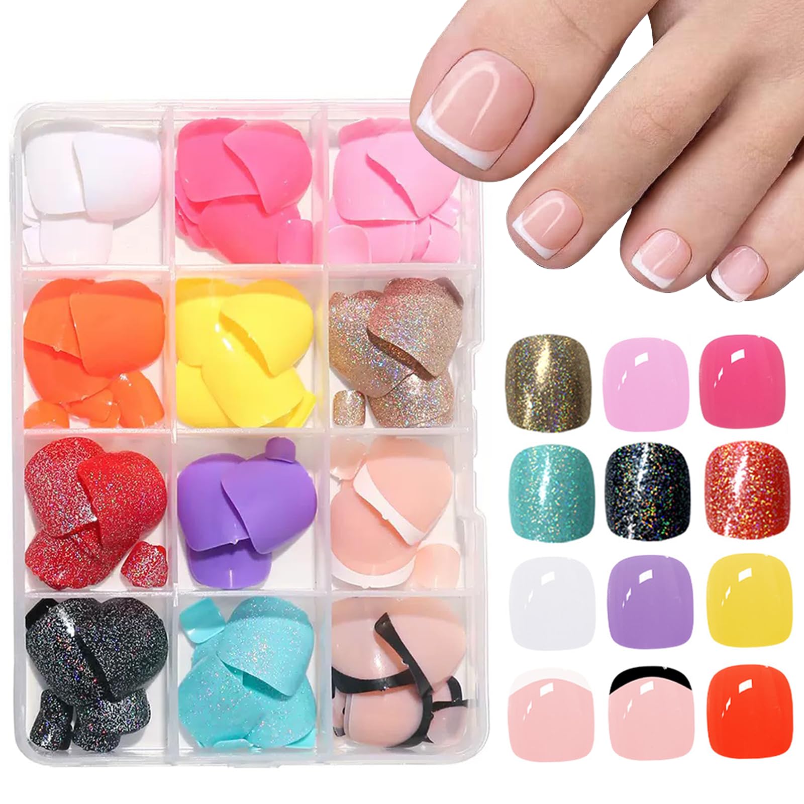 Puyokinm 288Pcs Press-On Toenails Set – 12-Color Short Glitter Glue-On Nails (Glossy Finish)