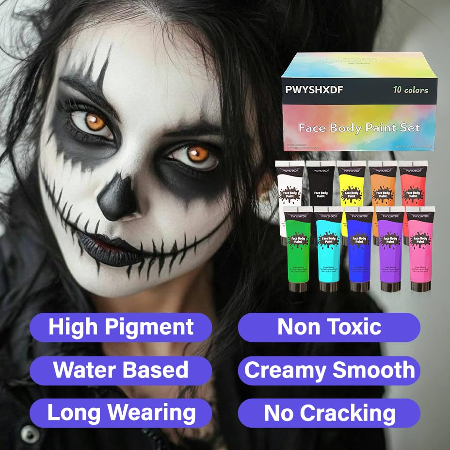 PWYSHXDF 10 Colors Water-Based Face & Body Paint Set for Adults – Non-Toxic & Washable