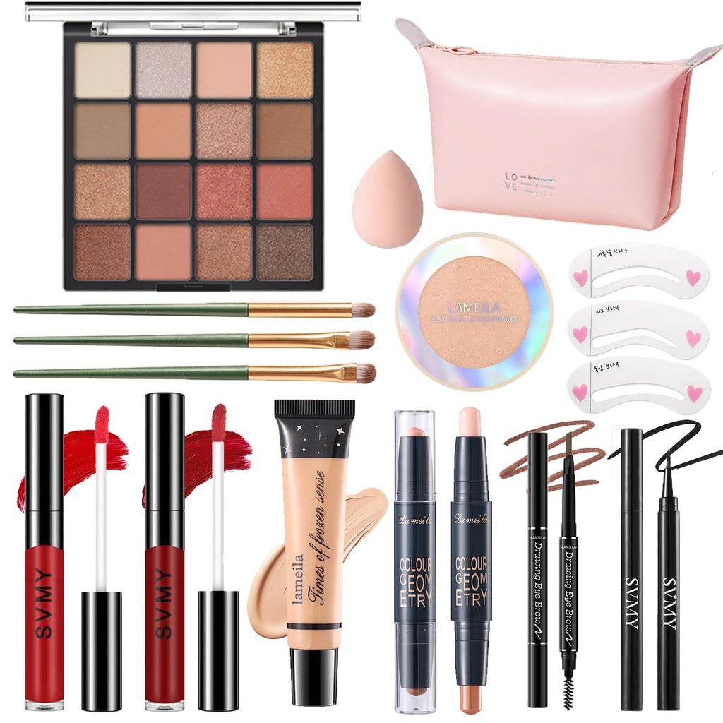 PWYSHXDF Makeup Set – 16-Color Palette, Nude Foundation & Lip Gloss Kit for Beginners & Pros