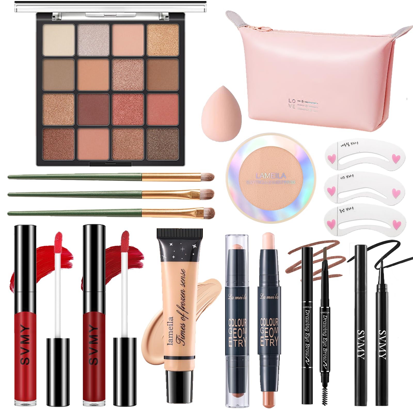 PWYSHXDF Makeup Set – 16-Color Palette, Nude Foundation & Lip Gloss Kit for Beginners & Pros