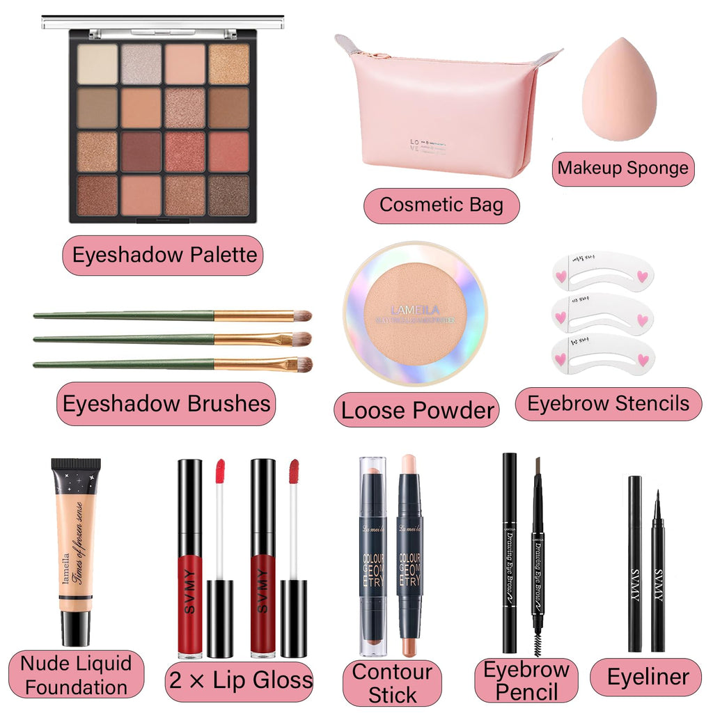 PWYSHXDF Makeup Set – 16-Color Palette, Nude Foundation & Lip Gloss Kit for Beginners & Pros