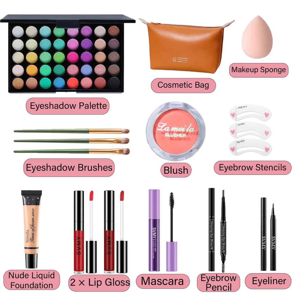 PWYSHXDF Makeup Set for Women – 40-Color Eyeshadow Palette, Nude Foundation, Lip Gloss Duo