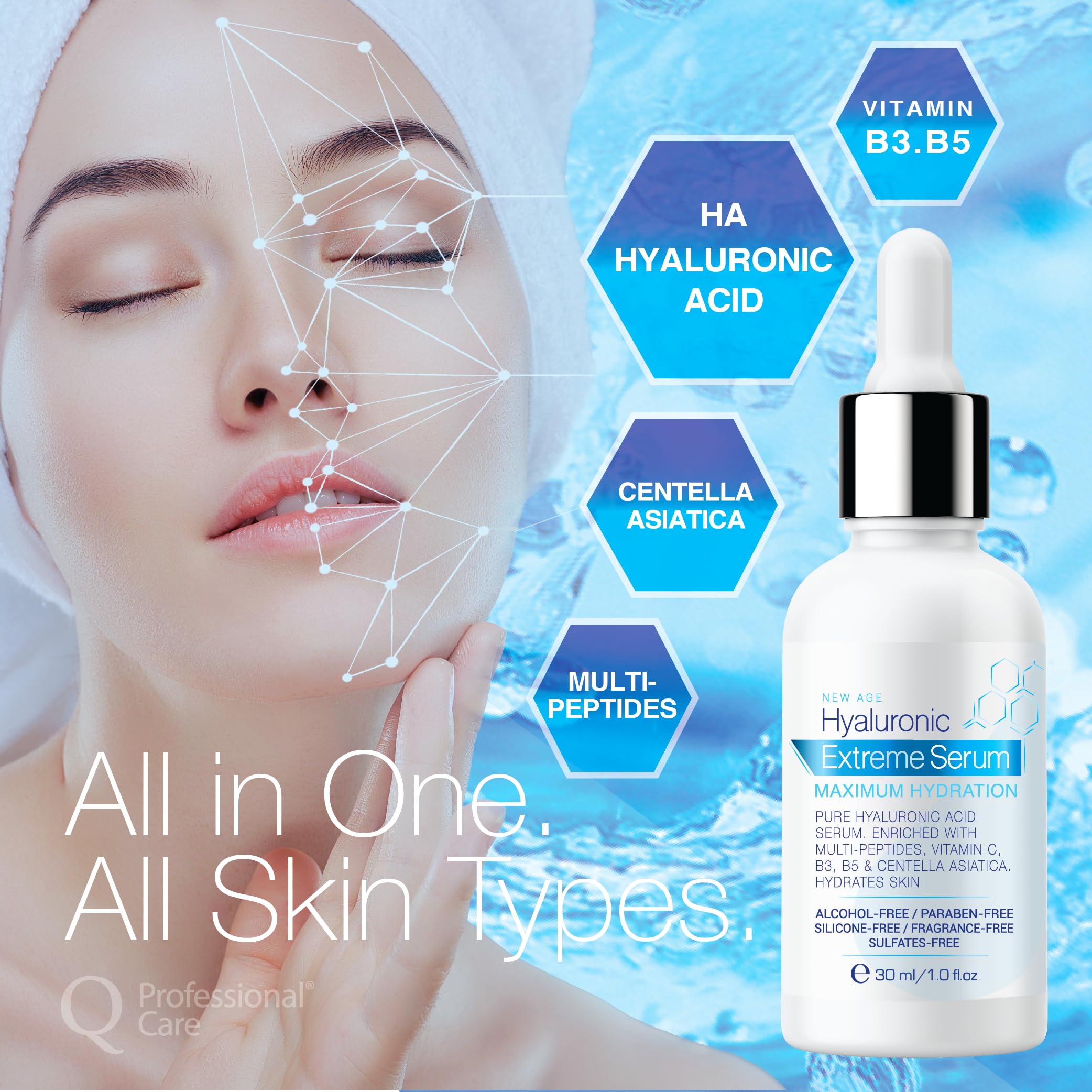 Q|Professional Care Serum for Face – Hyaluronic Acid, Vitamin C & Peptides | Alcohol-Free, Fragrance-Free