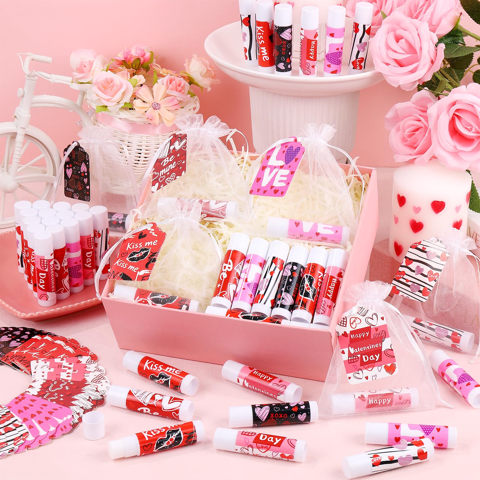QAUYETM 50-Count Valentines Lip Balm Gift Set with Organza Bags & Cards – 6 Flavors